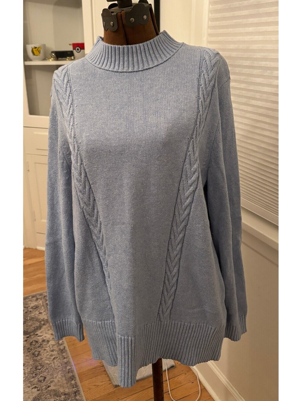 Karen Scott Women’s XL Blue Cable Knit Mock Neck Cotton Sweater (2142)